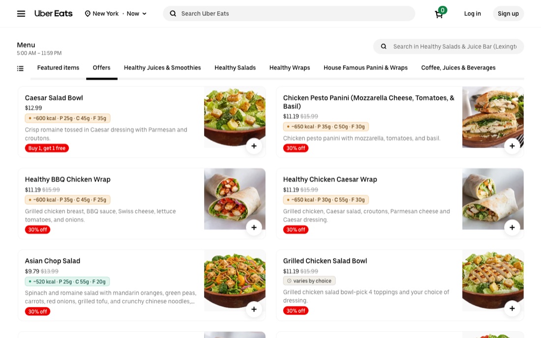 Estimated calories and macros shown as badges on Uber Eats dishes