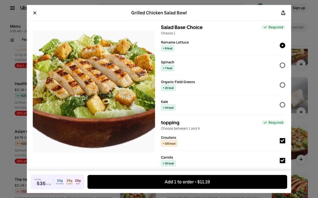Live calorie total updating in the Uber Eats dish customization modal